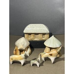 Primitive Glossy Solid (Stone?) Village with Houses and Cows Unmarked